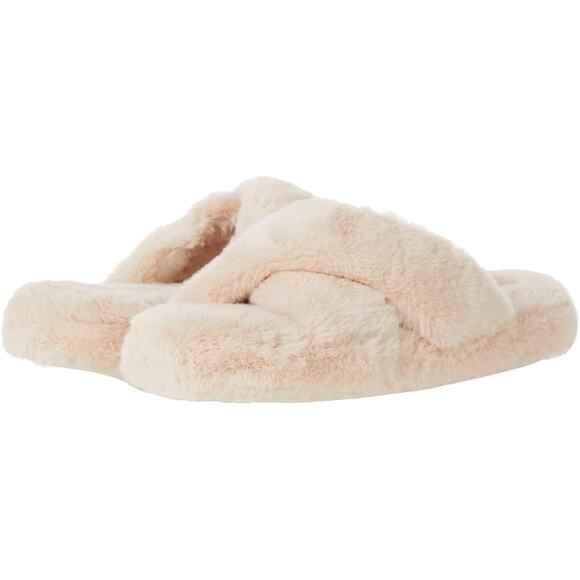 Tempur-Pedic Size 6M Natural Sloann Slide Slippers Faux Fur Cross-Strap P19-17 - Picture 1 of 12